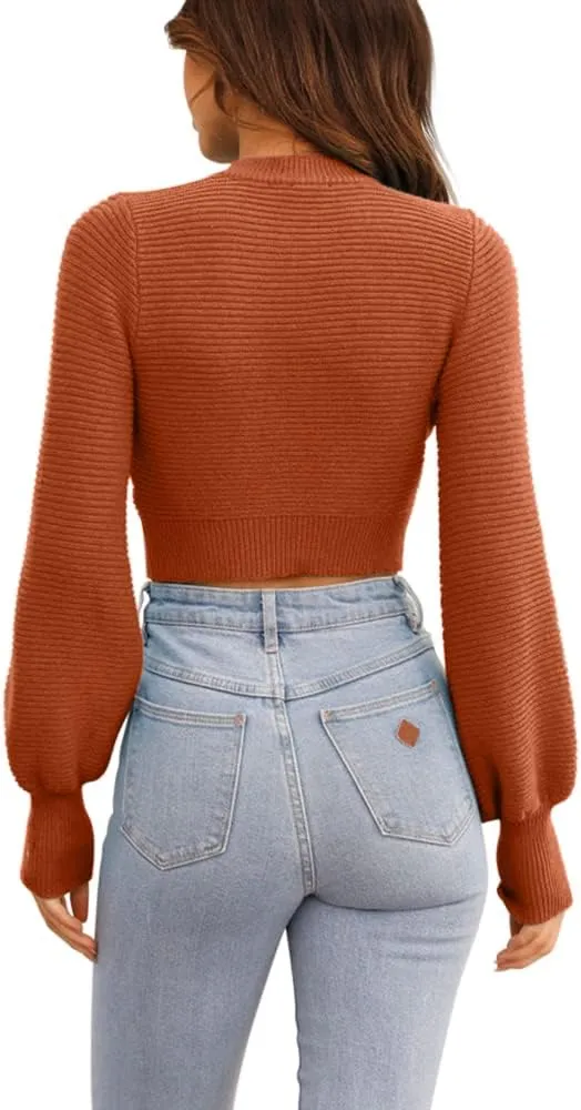 GeGekoko Womens Sexy Crew Neck Cropped Sweaters Ribbed Knit Long Sleeve Crop Tops Pullover
