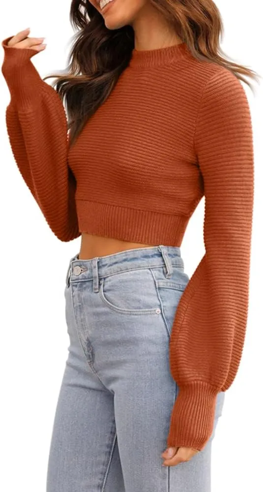 GeGekoko Womens Sexy Crew Neck Cropped Sweaters Ribbed Knit Long Sleeve Crop Tops Pullover