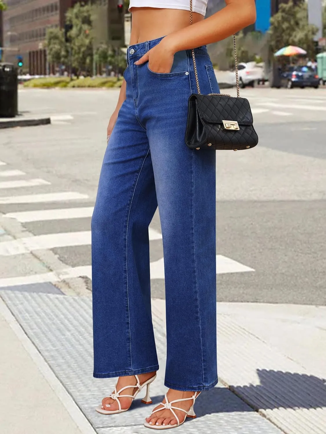 Genleck Women's Wide Leg Baggy Jeans  High Waisted Stretch Loose Jeans Trendy Denim Pants