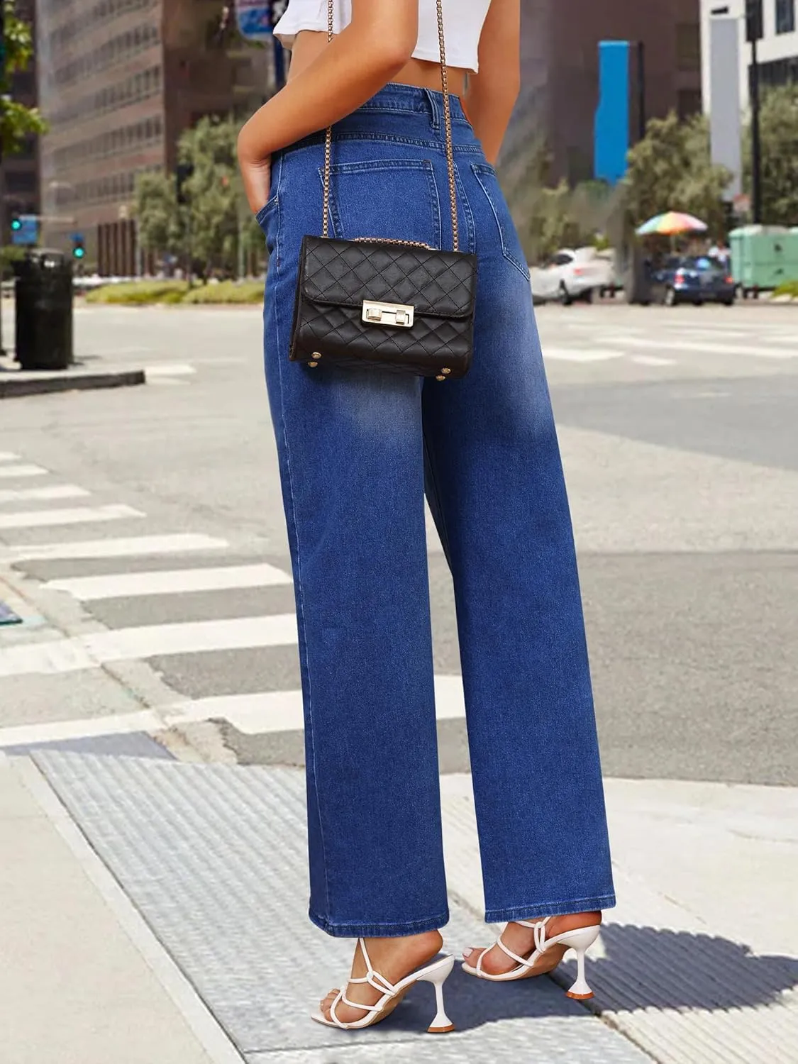 Genleck Women's Wide Leg Baggy Jeans  High Waisted Stretch Loose Jeans Trendy Denim Pants