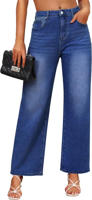 Genleck Women's Wide Leg Baggy Jeans  High Waisted Stretch Loose Jeans Trendy Denim Pants