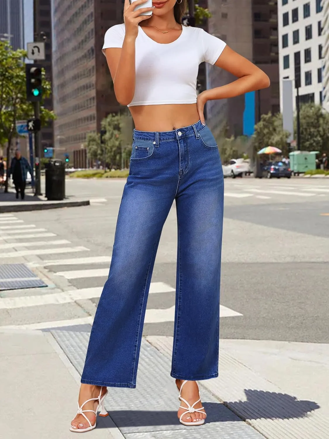 Genleck Women's Wide Leg Baggy Jeans  High Waisted Stretch Loose Jeans Trendy Denim Pants