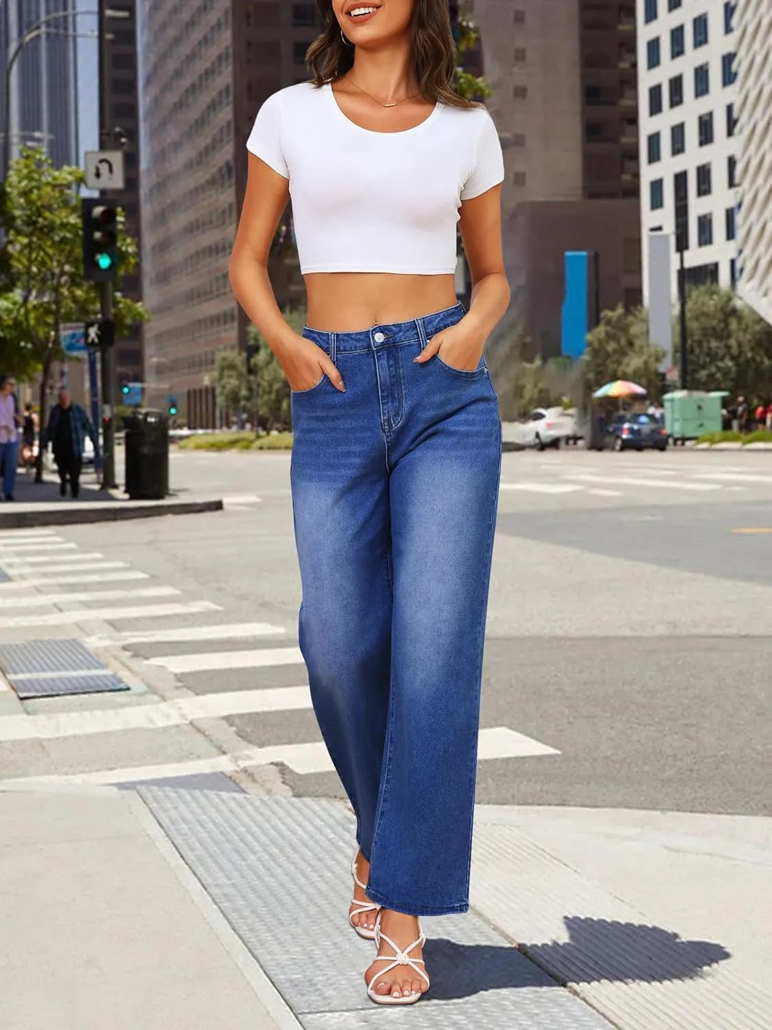Genleck Women's Wide Leg Baggy Jeans  High Waisted Stretch Loose Jeans Trendy Denim Pants