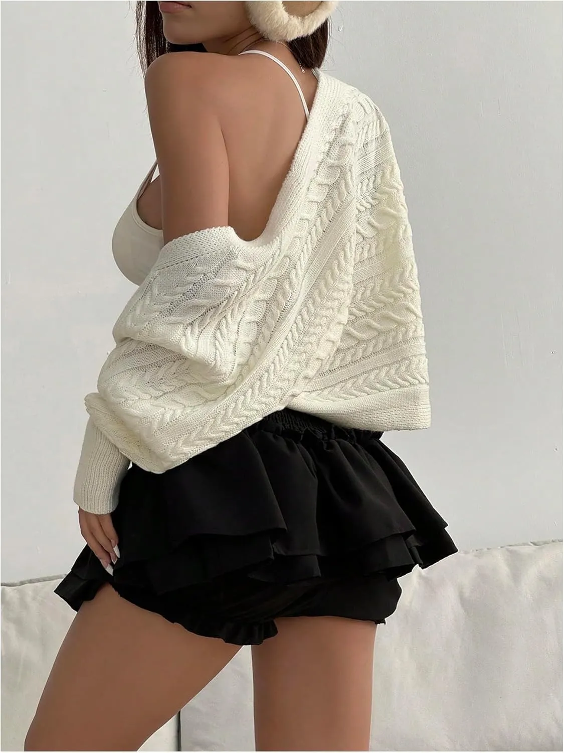 GORGLITTER Women's Cable Knit Bolero Shrug Long Sleeve Open Front Cropped Cardigan Sweaters