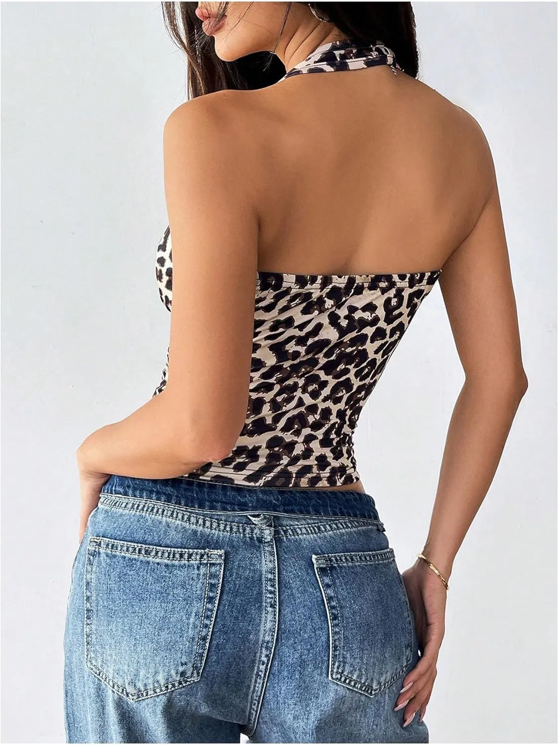 GORGLITTER Women's Leopard Print Halter Crop Tops Sleeveless Ruched V Neck Tie Back Slim Fit Cami Tops