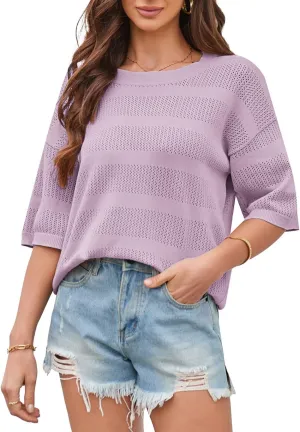 GRACE KARIN Women's Summer Oversized Hollow Out Crewneck Striped T Shirts Short Sleeve Knit Casual Basic Tee Tops