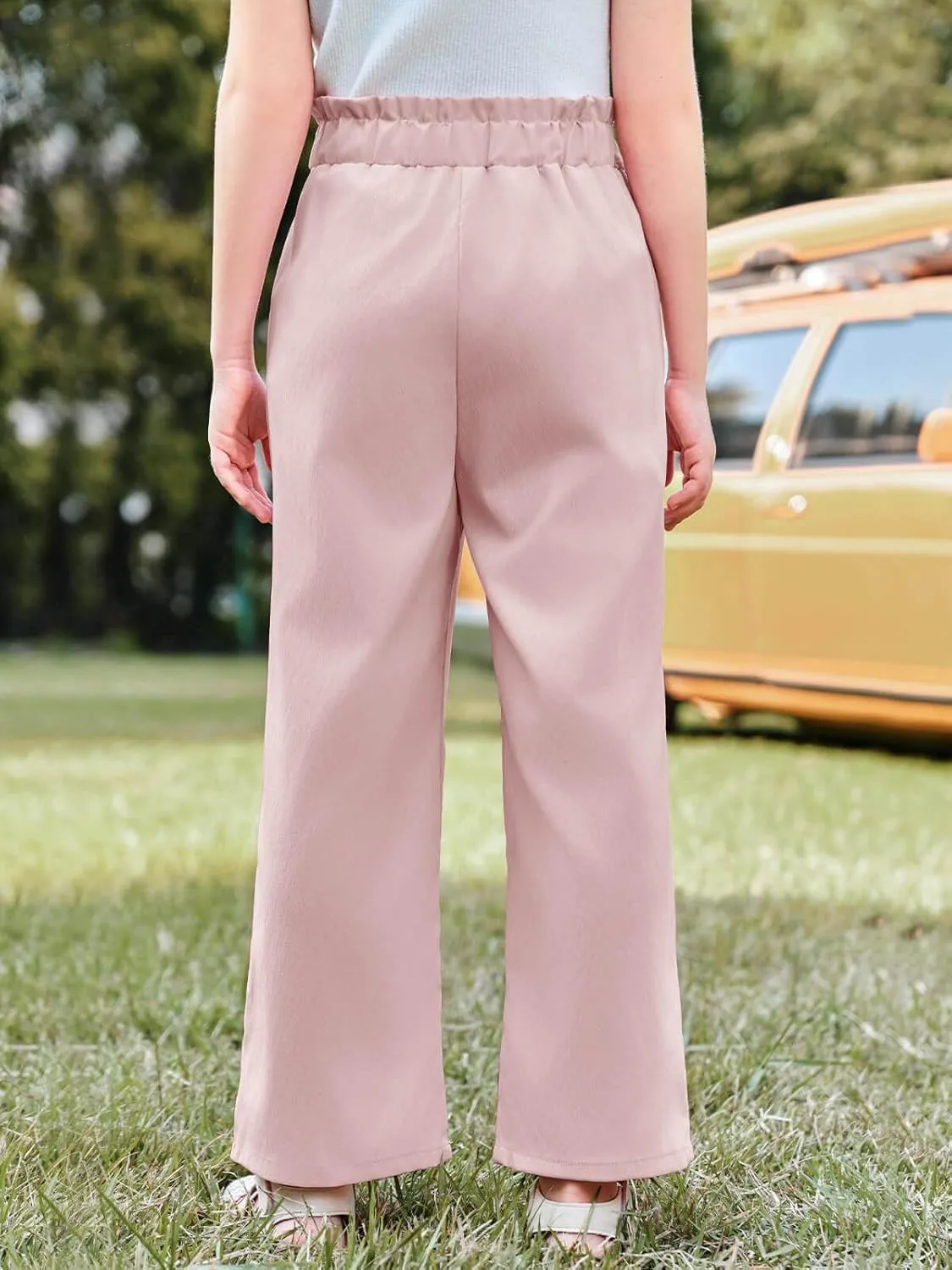 Haloumoning Girls Wide Leg Pants High Elastic Smocked Waist Casual Flowy Cute Long Trousers