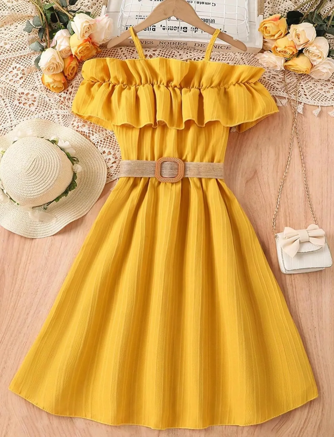 Happy Cherry Girls Cold Shoulder Midi Dress Ruffle Trim Short Sleeve Belted A Line Sundress for Summer Beach