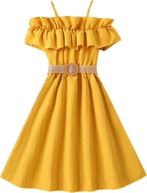 Happy Cherry Girls Cold Shoulder Midi Dress Ruffle Trim Short Sleeve Belted A Line Sundress for Summer Beach