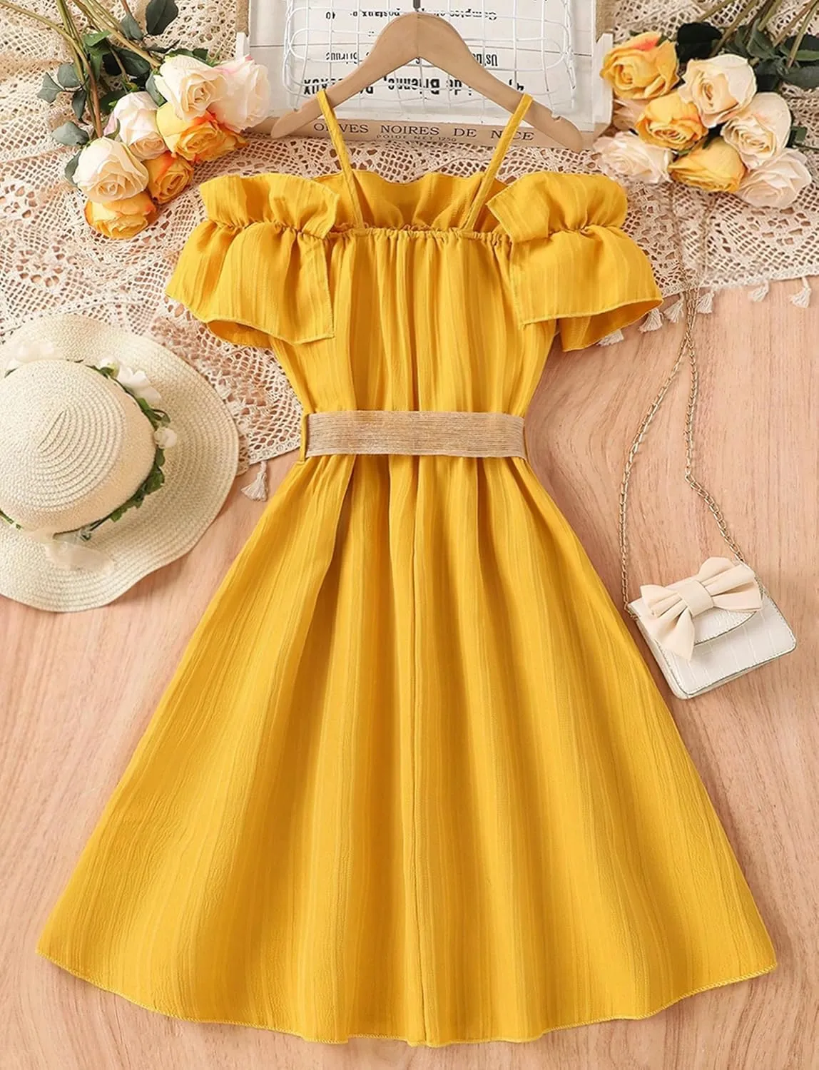 Happy Cherry Girls Cold Shoulder Midi Dress Ruffle Trim Short Sleeve Belted A Line Sundress for Summer Beach