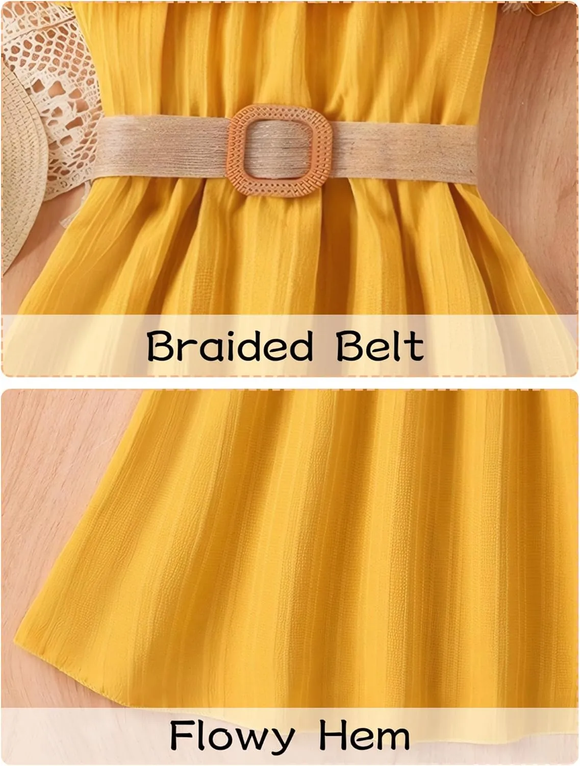 Happy Cherry Girls Cold Shoulder Midi Dress Ruffle Trim Short Sleeve Belted A Line Sundress for Summer Beach