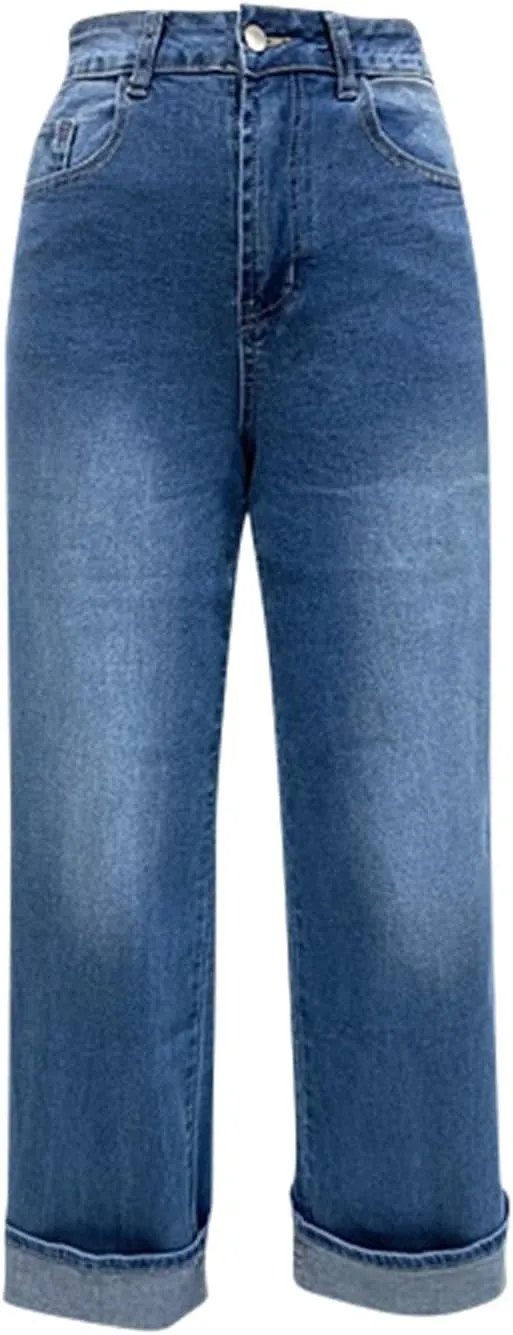 High Waisted Jeans for Women Stretchy Cuffed Wide Leg Denim Pants with Pockets Baggy Straight Leg Sweatpant Jeans