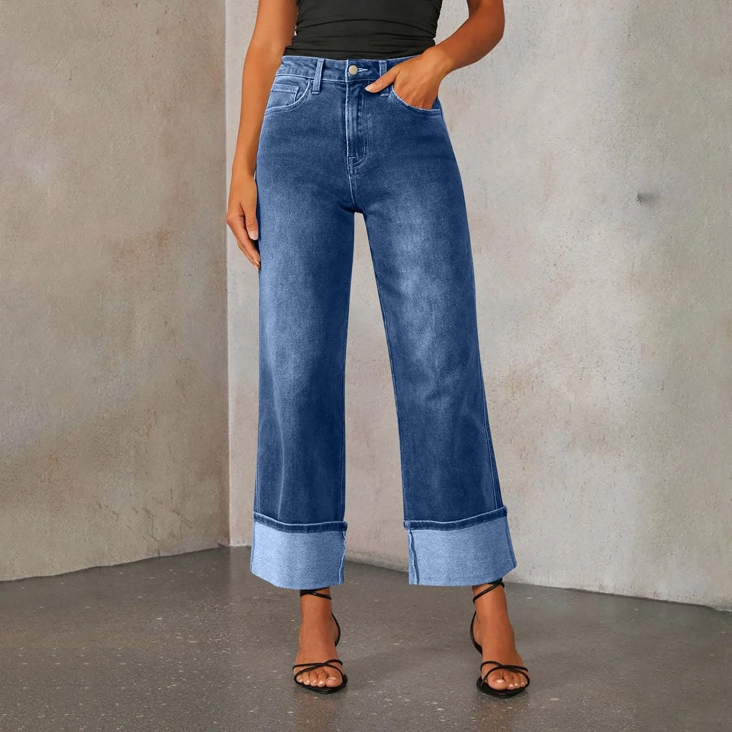 High Waisted Jeans for Women Stretchy Cuffed Wide Leg Denim Pants with Pockets Baggy Straight Leg Sweatpant Jeans