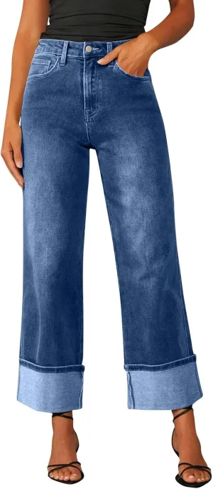 High Waisted Jeans for Women Stretchy Cuffed Wide Leg Denim Pants with Pockets Baggy Straight Leg Sweatpant Jeans