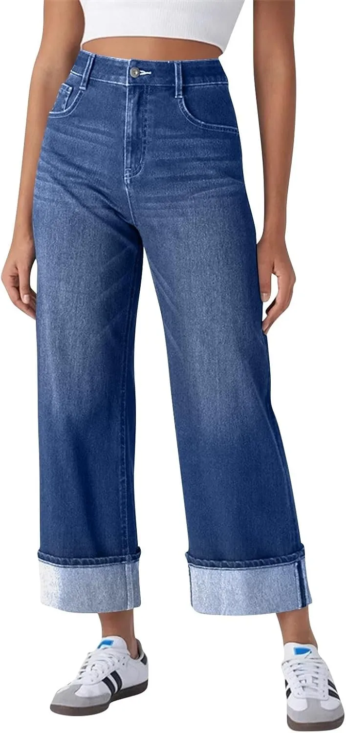 High Waisted Jeans for Women Stretchy Cuffed Wide Leg Denim Pants with Pockets Baggy Straight Leg Sweatpant Jeans