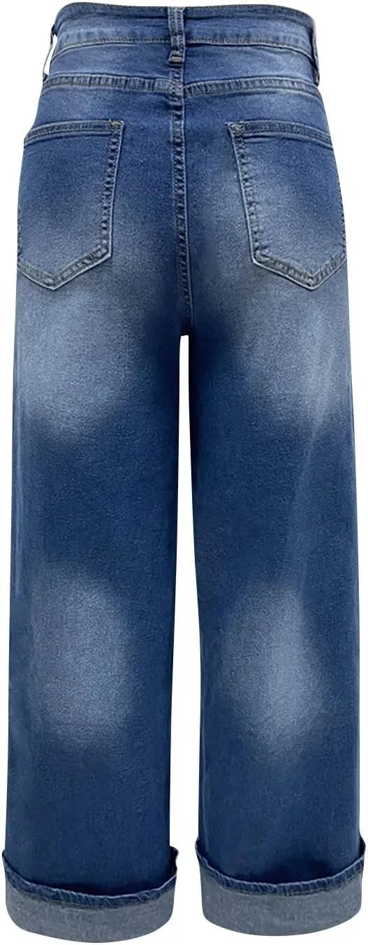 High Waisted Jeans for Women Stretchy Cuffed Wide Leg Denim Pants with Pockets Baggy Straight Leg Sweatpant Jeans
