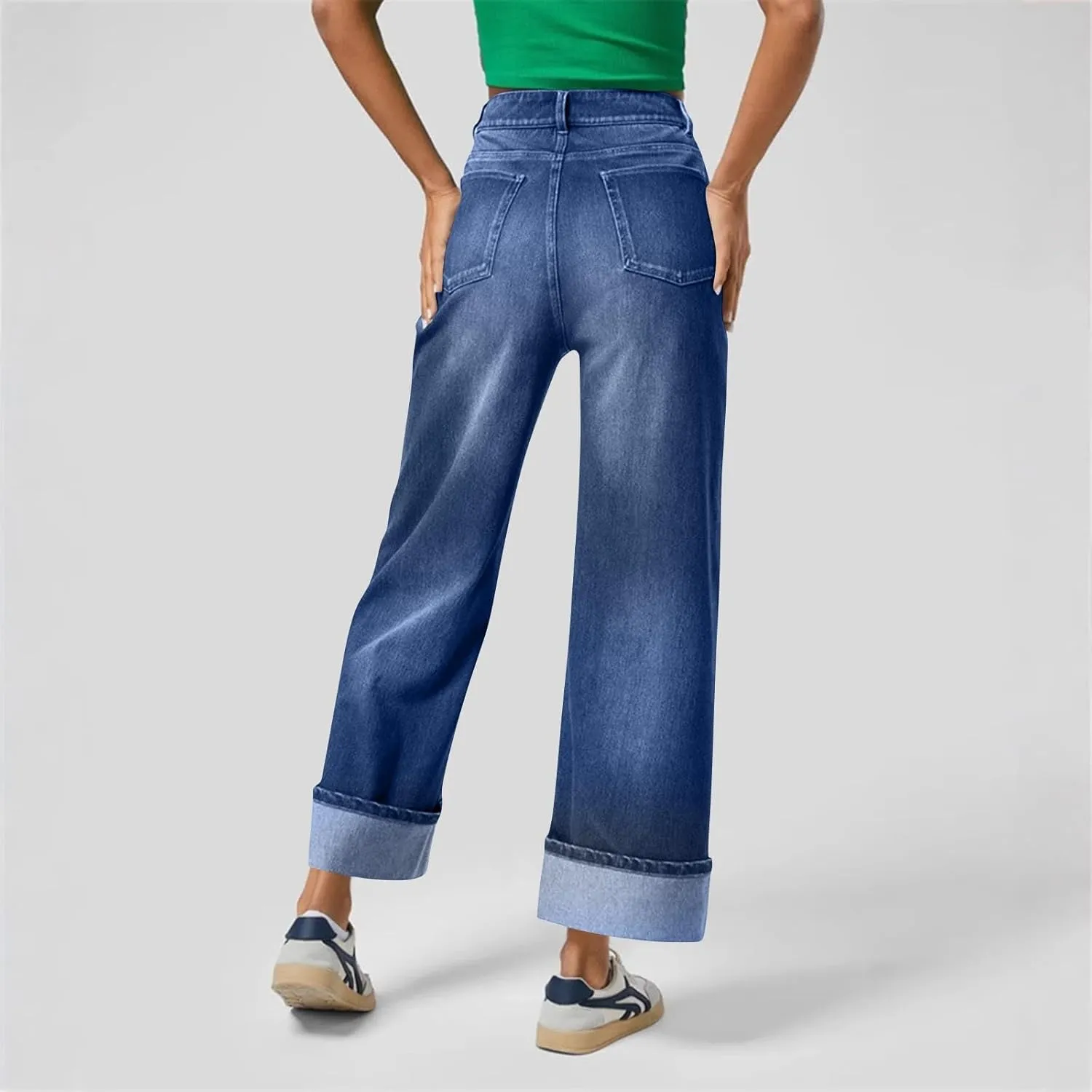 High Waisted Jeans for Women Stretchy Cuffed Wide Leg Denim Pants with Pockets Baggy Straight Leg Sweatpant Jeans