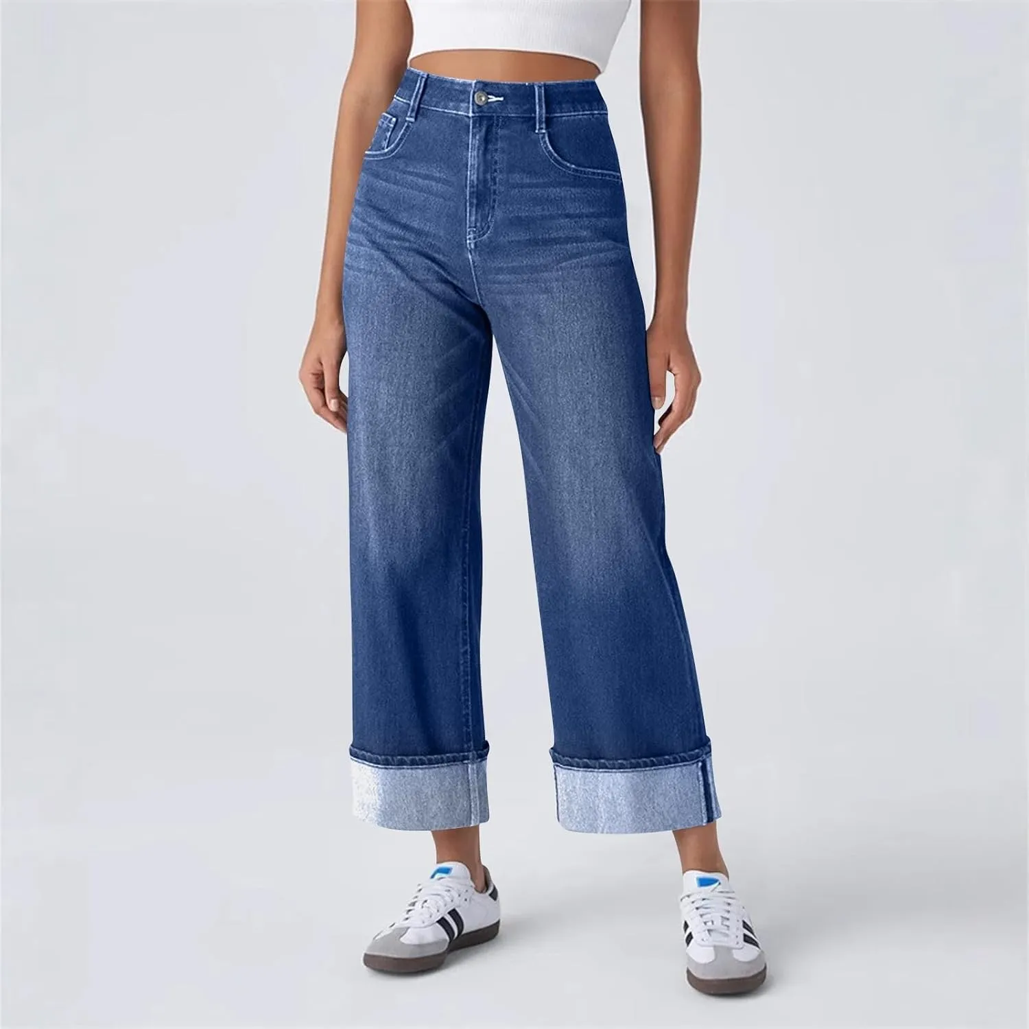 High Waisted Jeans for Women Stretchy Cuffed Wide Leg Denim Pants with Pockets Baggy Straight Leg Sweatpant Jeans