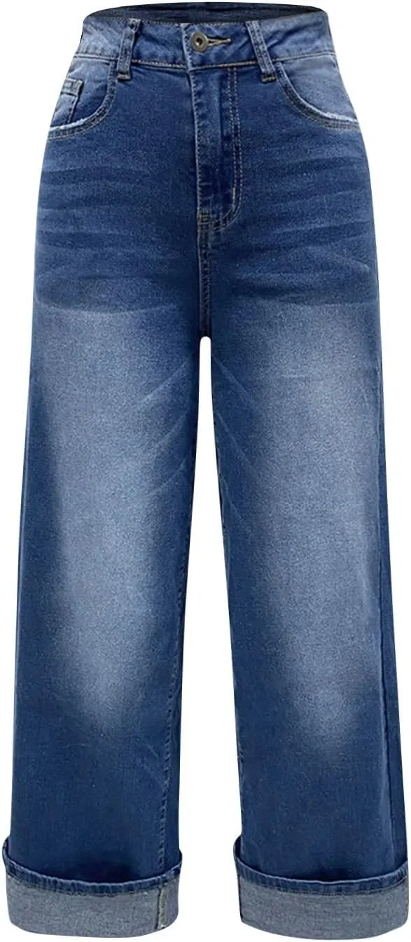 High Waisted Jeans for Women Stretchy Cuffed Wide Leg Denim Pants with Pockets Baggy Straight Leg Sweatpant Jeans
