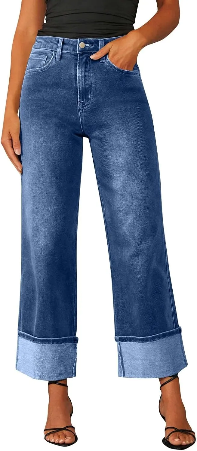 High Waisted Jeans for Women Stretchy Cuffed Wide Leg Denim Pants with Pockets Baggy Straight Leg Sweatpant Jeans