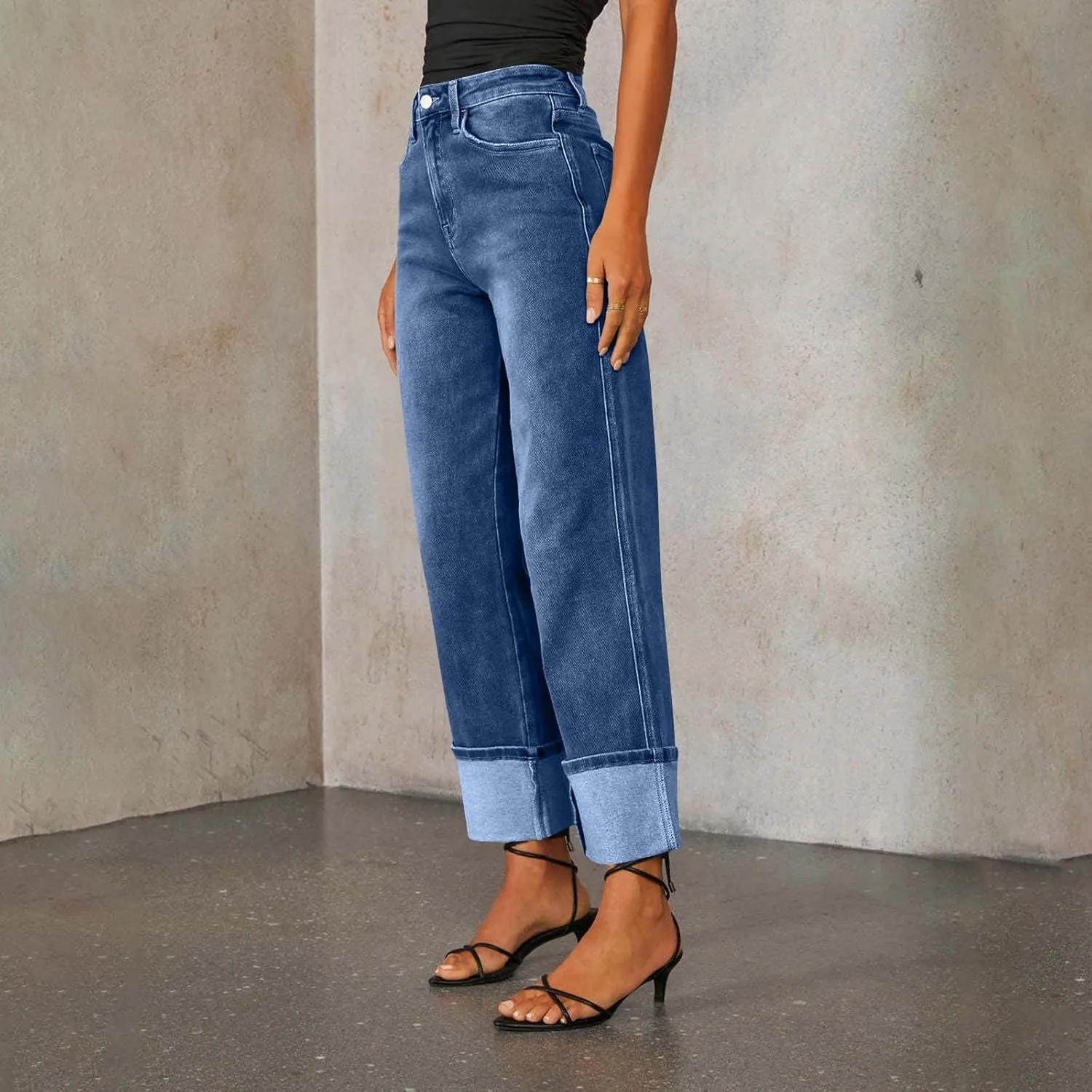 High Waisted Jeans for Women Stretchy Cuffed Wide Leg Denim Pants with Pockets Baggy Straight Leg Sweatpant Jeans