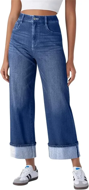 High Waisted Jeans for Women Stretchy Cuffed Wide Leg Denim Pants with Pockets Baggy Straight Leg Sweatpant Jeans