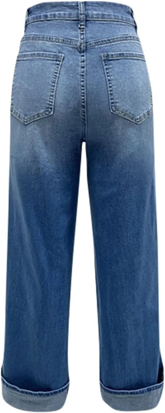 High Waisted Jeans for Women Stretchy Cuffed Wide Leg Denim Pants with Pockets Baggy Straight Leg Sweatpant Jeans
