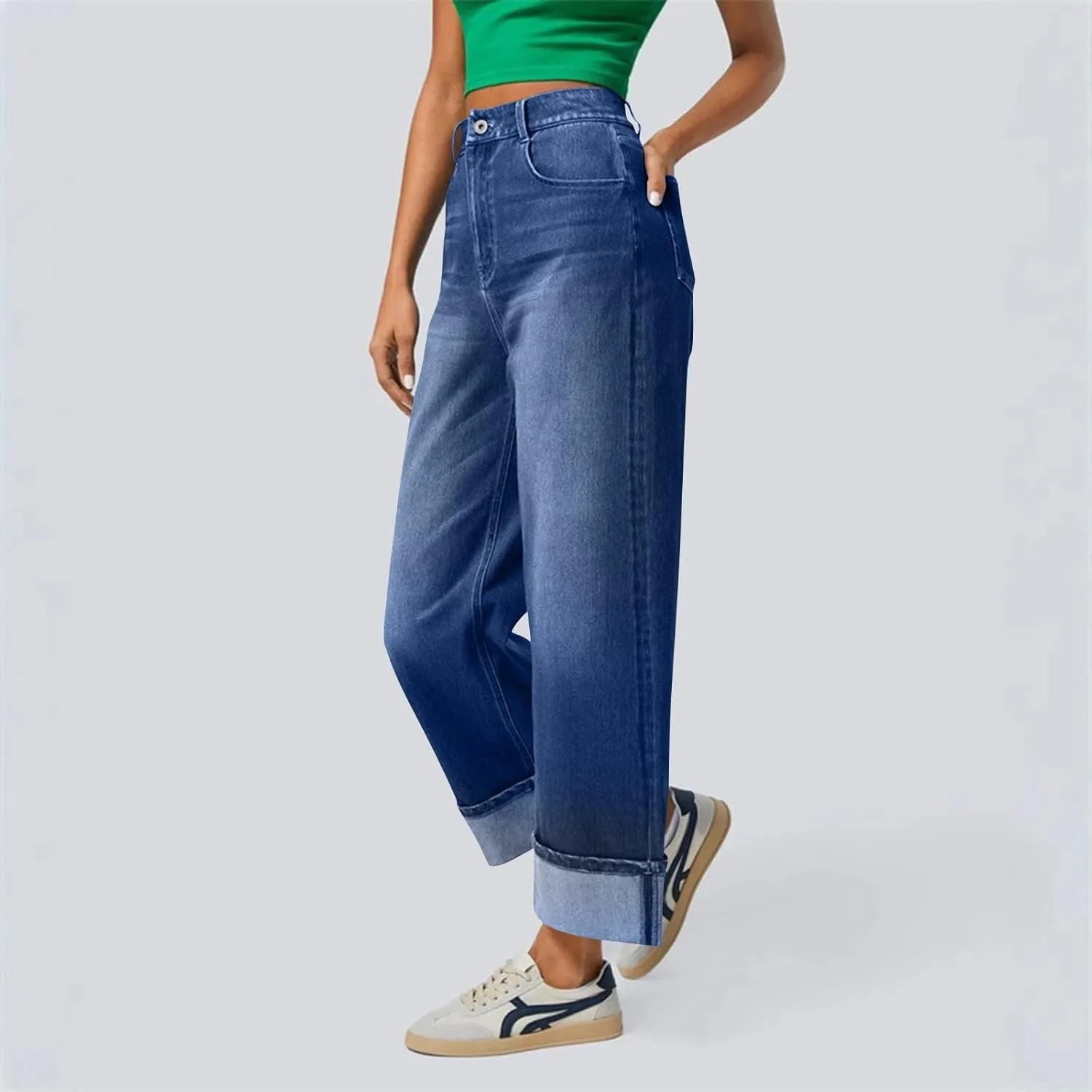 High Waisted Jeans for Women Stretchy Cuffed Wide Leg Denim Pants with Pockets Baggy Straight Leg Sweatpant Jeans