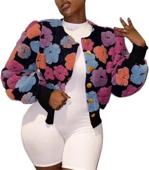 Hotmiss Women's Cropped Wool Floral Print Fleece Jacket Long Sleeve Button Down Bomber Jacket