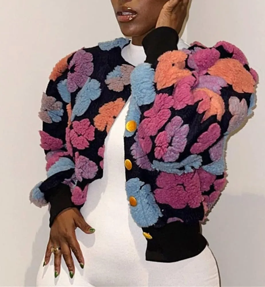 Hotmiss Women's Cropped Wool Floral Print Fleece Jacket Long Sleeve Button Down Bomber Jacket