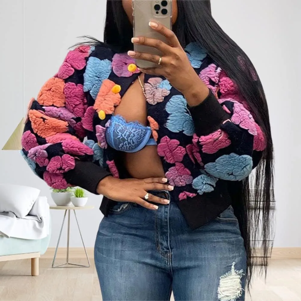 Hotmiss Women's Cropped Wool Floral Print Fleece Jacket Long Sleeve Button Down Bomber Jacket