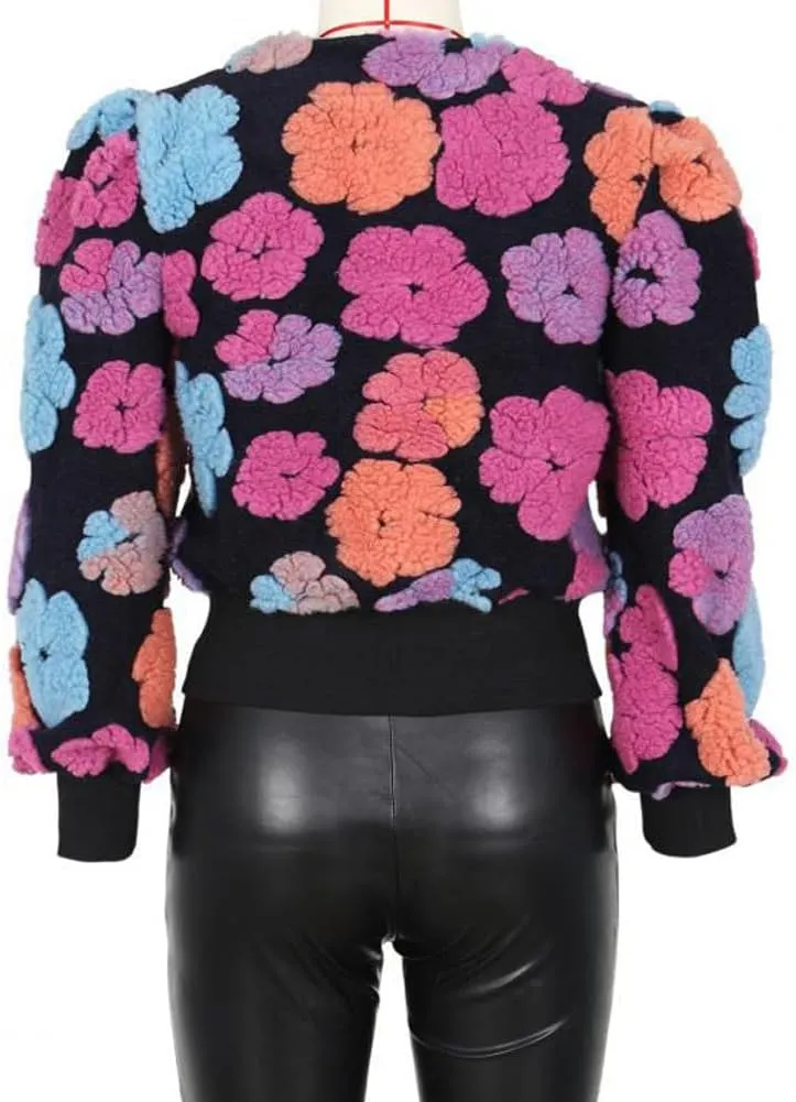 Hotmiss Women's Cropped Wool Floral Print Fleece Jacket Long Sleeve Button Down Bomber Jacket