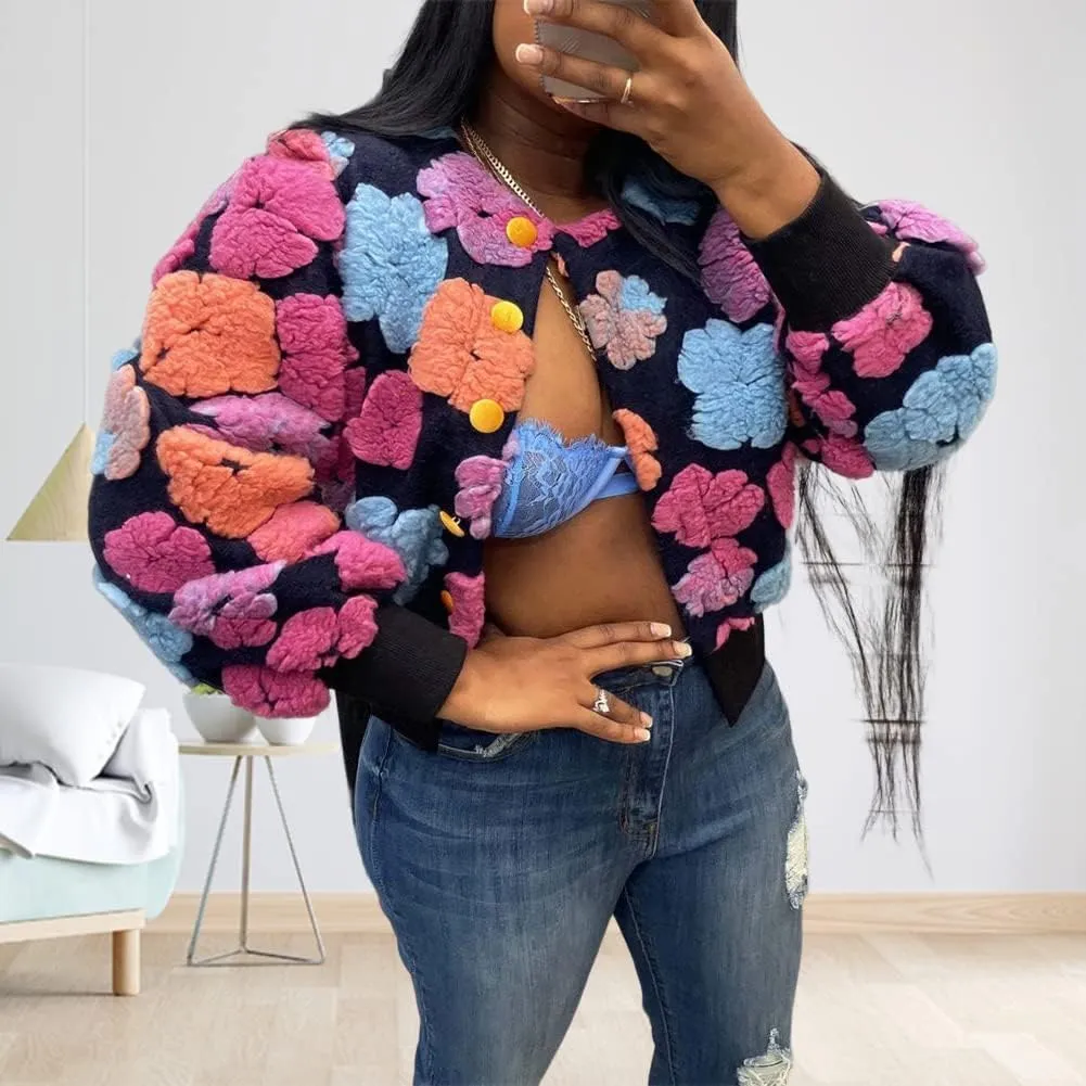 Hotmiss Women's Cropped Wool Floral Print Fleece Jacket Long Sleeve Button Down Bomber Jacket