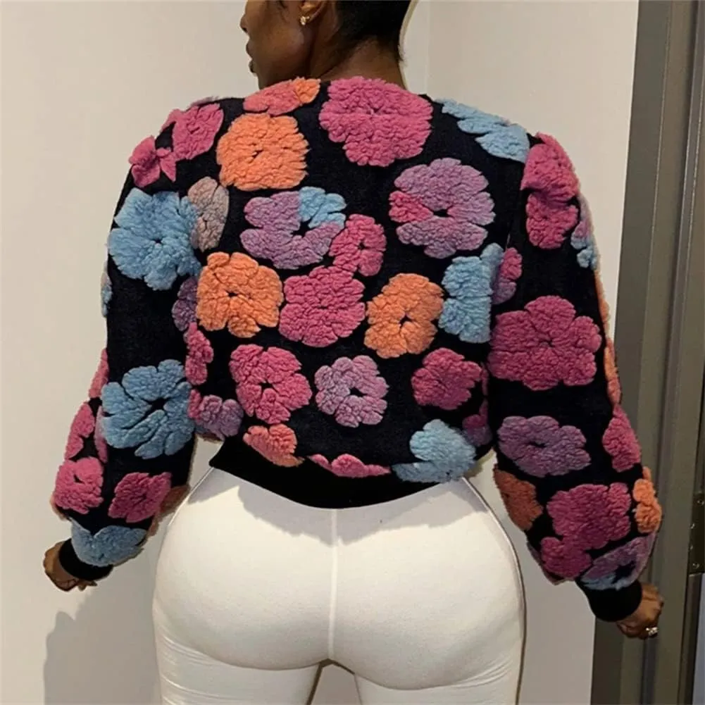 Hotmiss Women's Cropped Wool Floral Print Fleece Jacket Long Sleeve Button Down Bomber Jacket