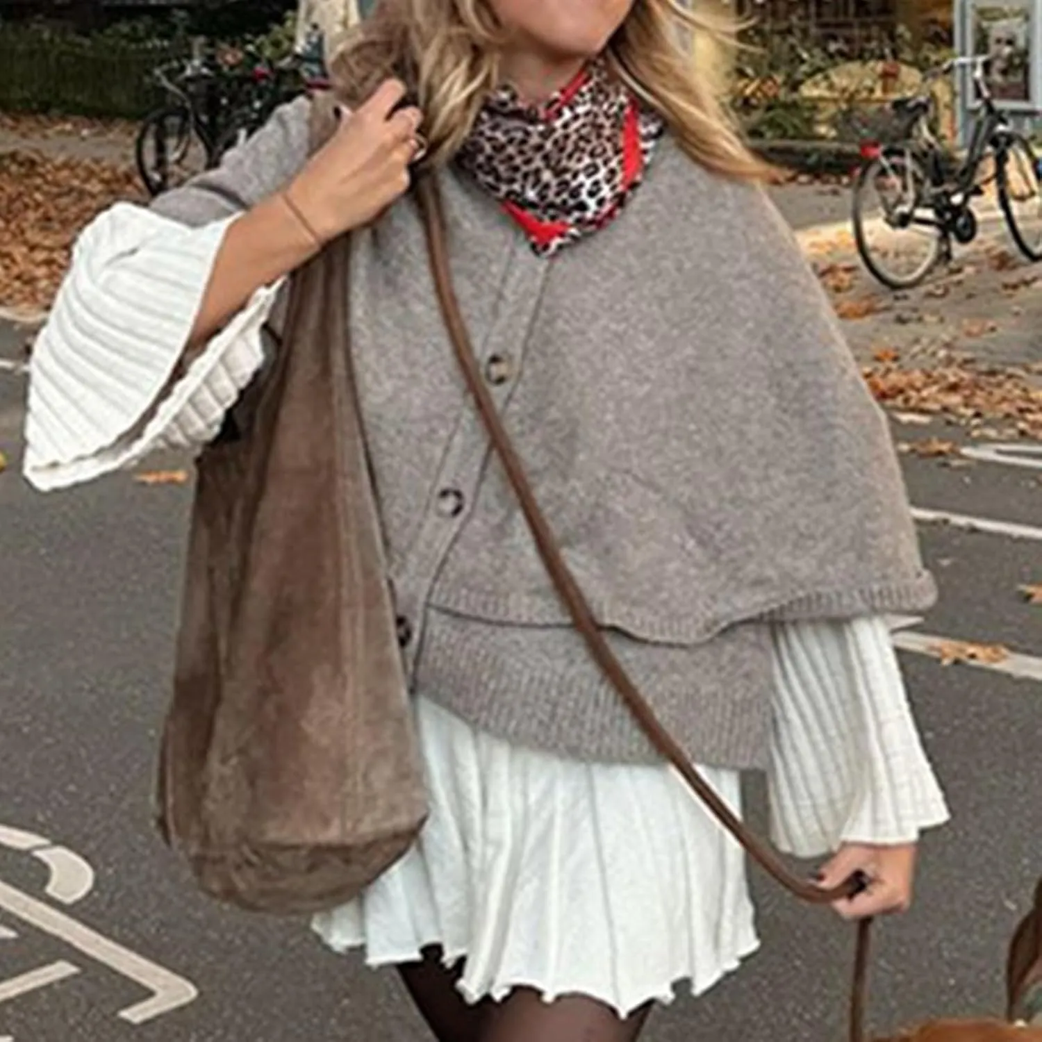 HOULENGS Women's Round Neck Knitted Shawl Cardigan Sweater Half Sleeve Button Cropped Cape Sweater Coat