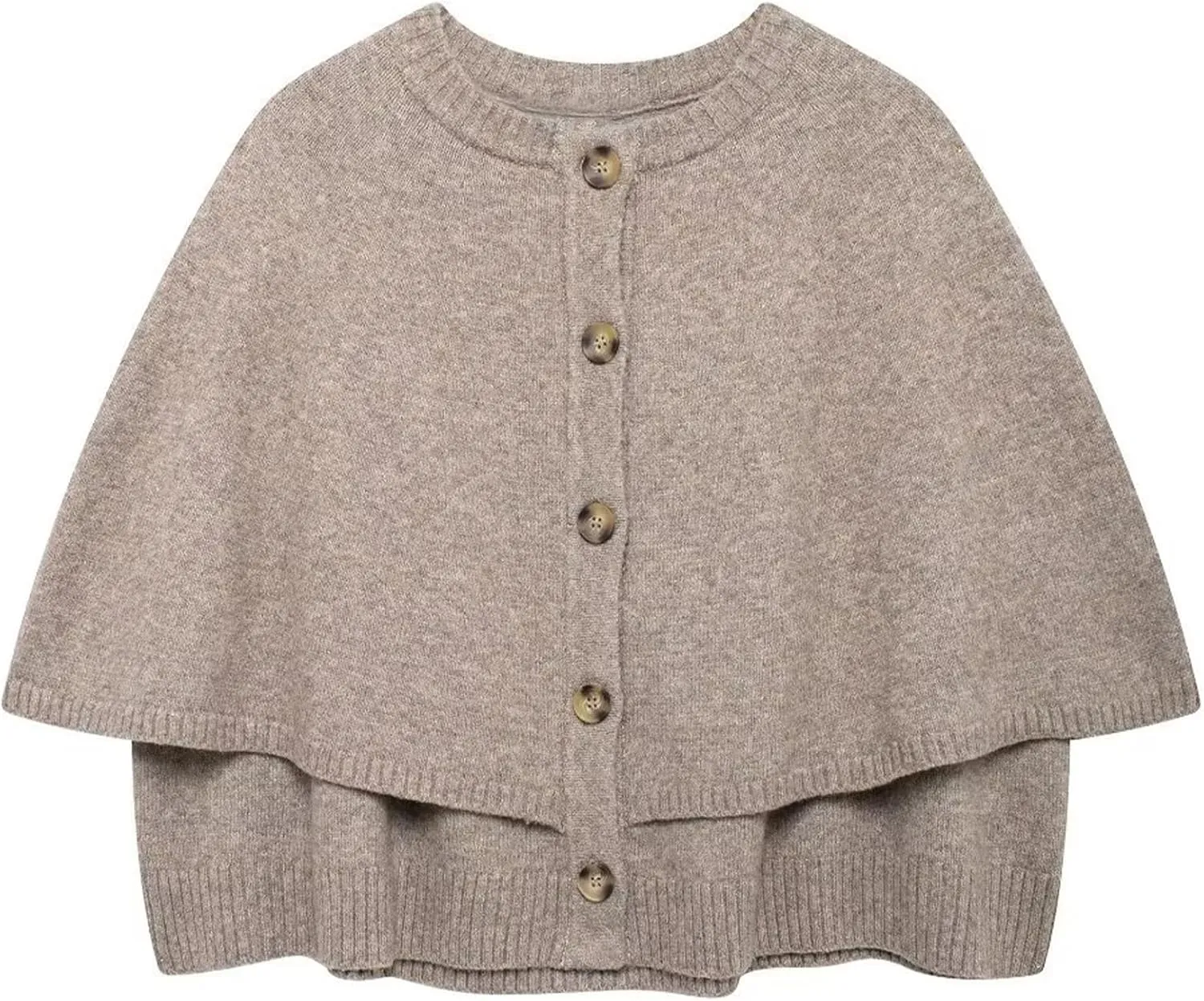HOULENGS Women's Round Neck Knitted Shawl Cardigan Sweater Half Sleeve Button Cropped Cape Sweater Coat