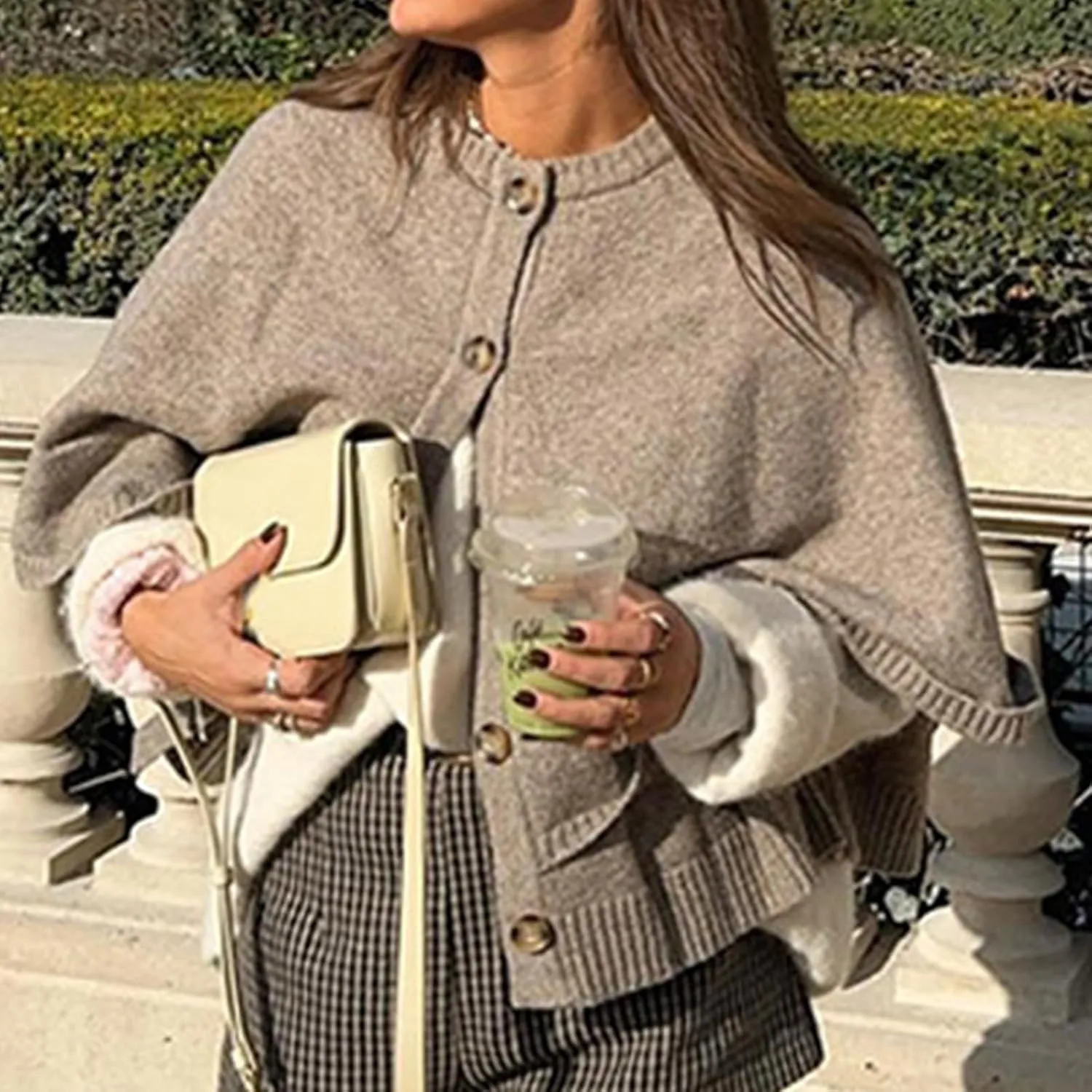 HOULENGS Women's Round Neck Knitted Shawl Cardigan Sweater Half Sleeve Button Cropped Cape Sweater Coat