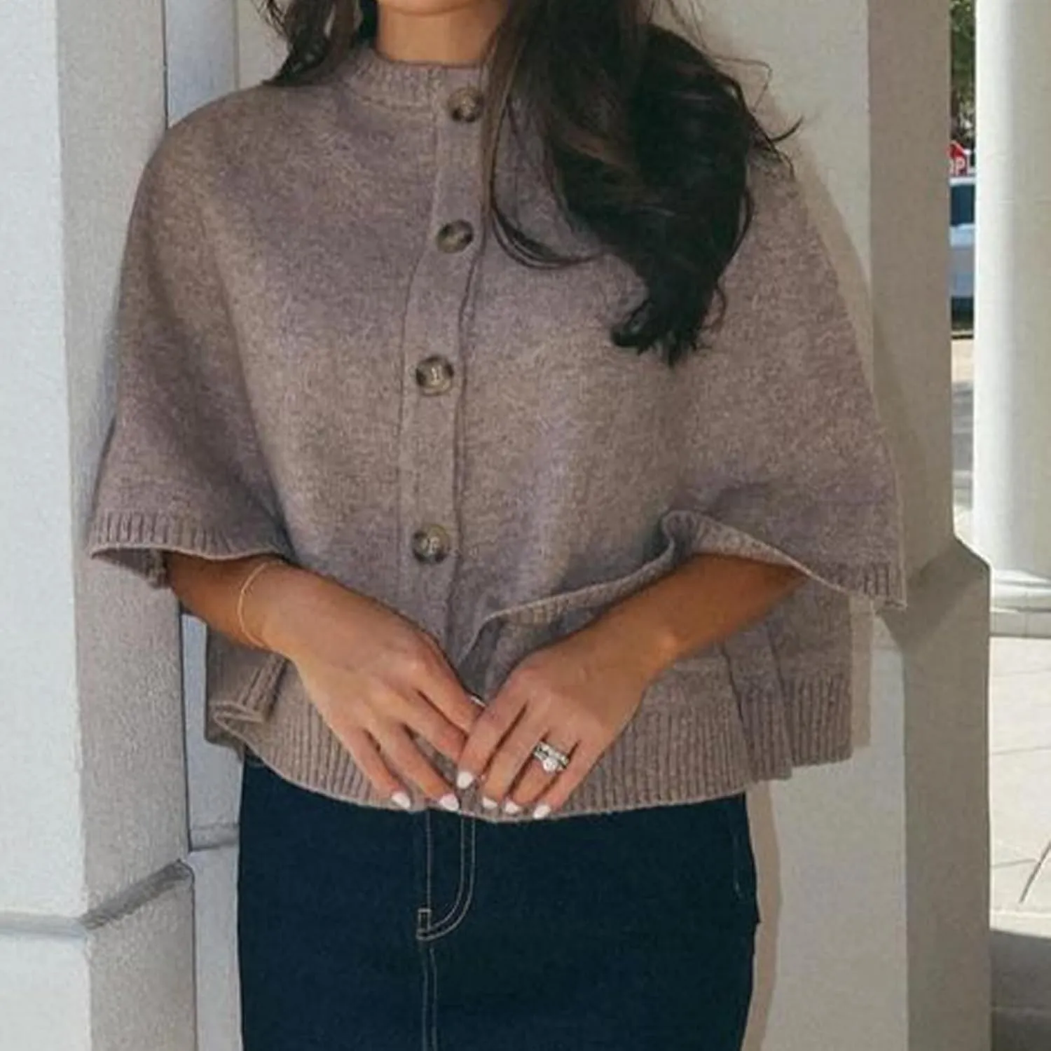 HOULENGS Women's Round Neck Knitted Shawl Cardigan Sweater Half Sleeve Button Cropped Cape Sweater Coat