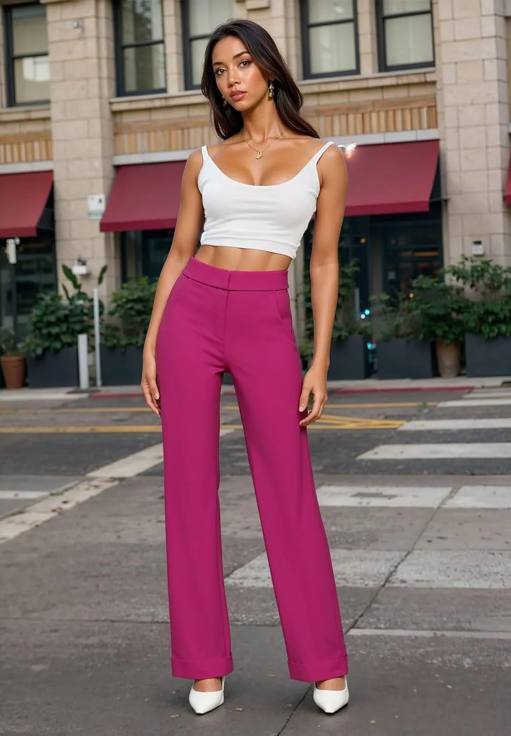 Hybrid & Company Women's High Waisted Straight Leg Suit Pants Business Work Casual Slacks Trousers