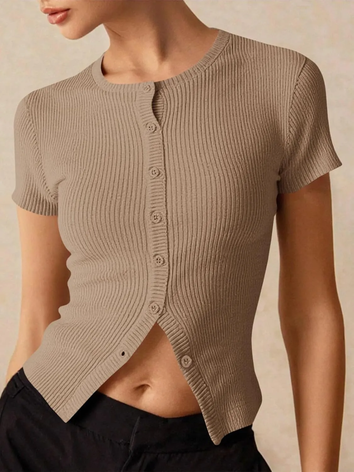 Imily Bela Womens Short Sleeve Sweater Tops Summer Button Down Casual Ribbed Knit Slim Fit Cropped Cardigan Shirts