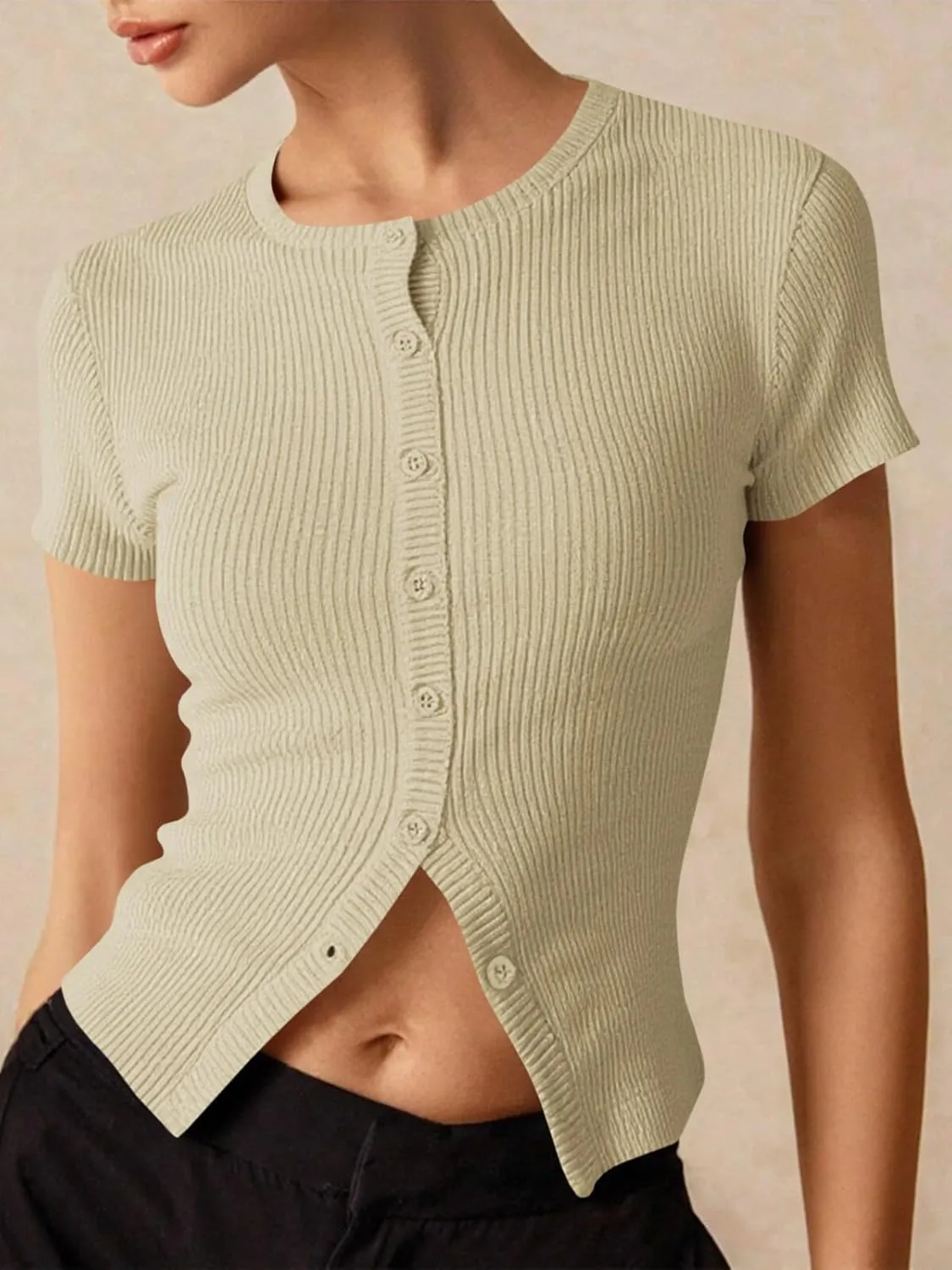 Imily Bela Womens Short Sleeve Sweater Tops Summer Button Down Casual Ribbed Knit Slim Fit Cropped Cardigan Shirts