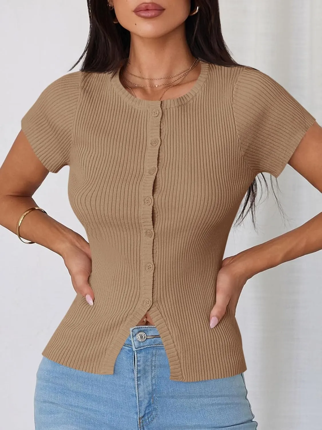 Imily Bela Womens Short Sleeve Sweater Tops Summer Button Down Casual Ribbed Knit Slim Fit Cropped Cardigan Shirts