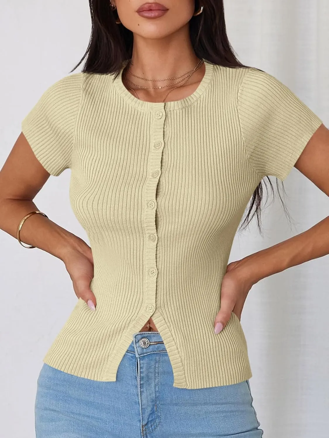 Imily Bela Womens Short Sleeve Sweater Tops Summer Button Down Casual Ribbed Knit Slim Fit Cropped Cardigan Shirts