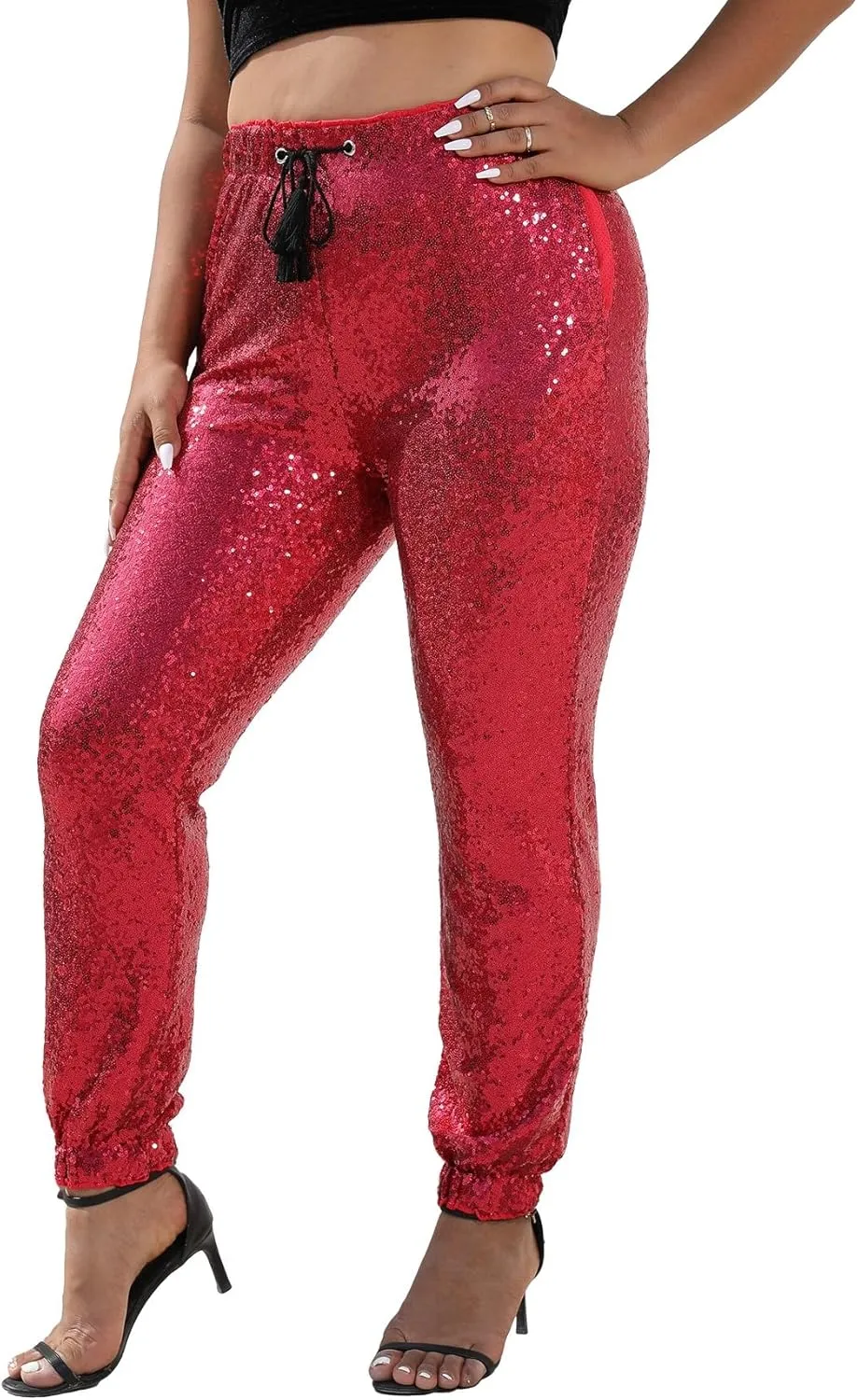 J&DHUASHA Womens Casual Sparkly Sequin Pants High Waist Glitter Joggers Pants Bling Party Skinny Pants