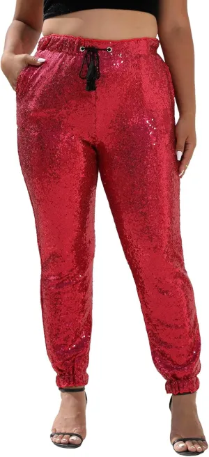 J&DHUASHA Womens Casual Sparkly Sequin Pants High Waist Glitter Joggers Pants Bling Party Skinny Pants