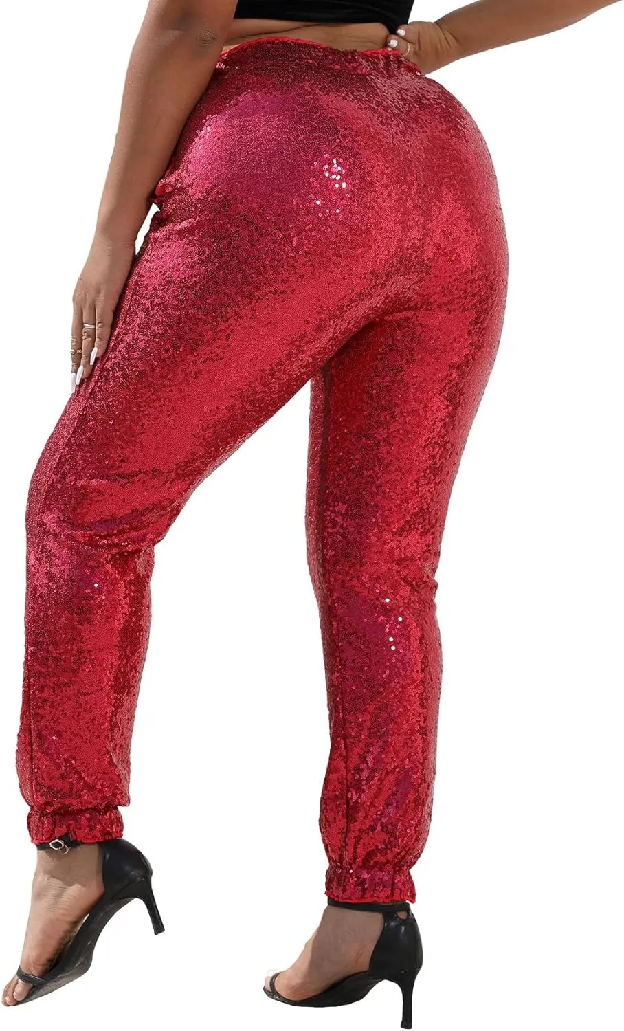 J&DHUASHA Womens Casual Sparkly Sequin Pants High Waist Glitter Joggers Pants Bling Party Skinny Pants