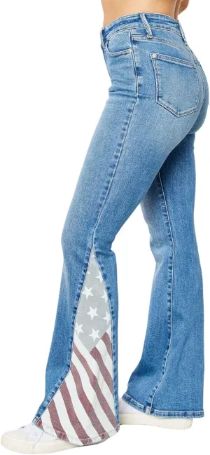 Judy Blue Women's High-Waisted Americana Flag Print Flare Jeans - Patriotic Vintage Stretch Denim 88659-