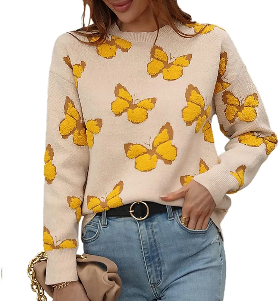 JUNBOON Women’s Casual Leopard Print Knitted Pullover Sweaters Long Sleeve Crew Neck Jumper Tops