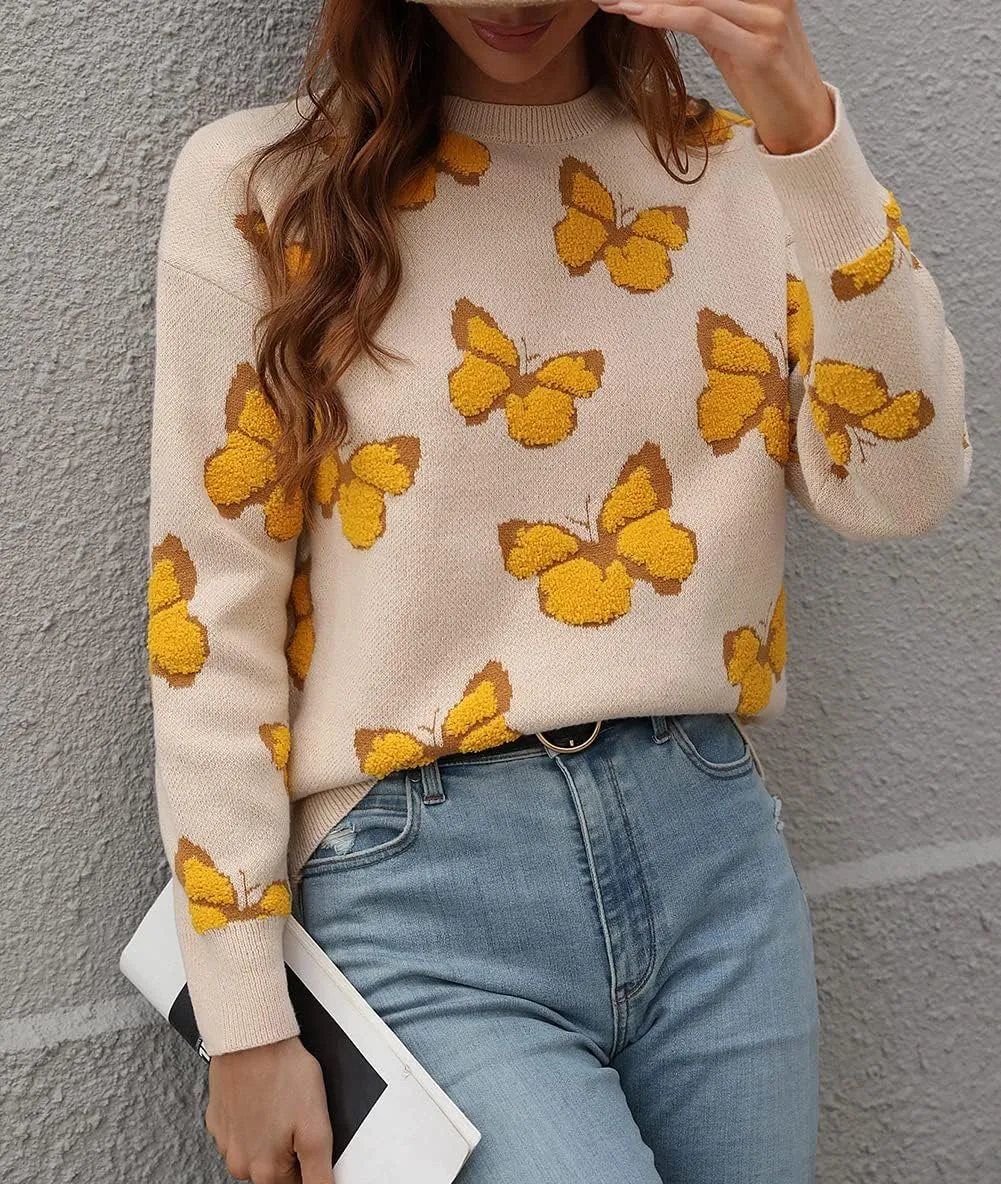JUNBOON Women’s Casual Leopard Print Knitted Pullover Sweaters Long Sleeve Crew Neck Jumper Tops
