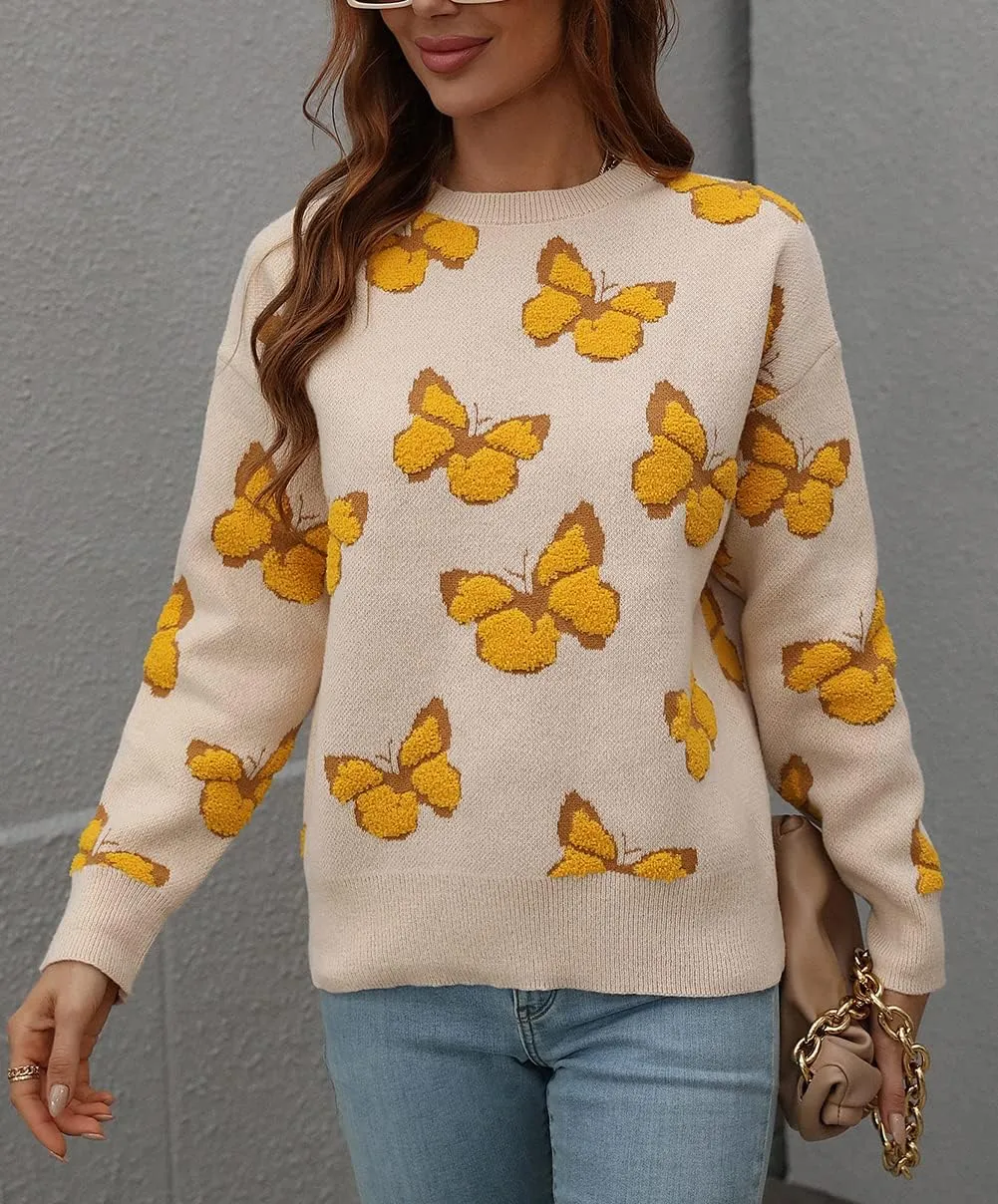 JUNBOON Women’s Casual Leopard Print Knitted Pullover Sweaters Long Sleeve Crew Neck Jumper Tops